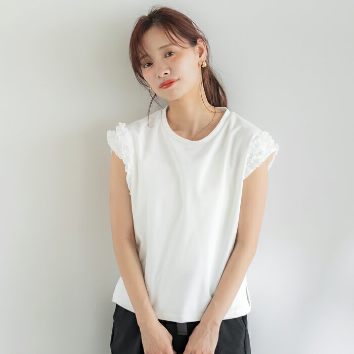 肩フリルノースリーブTシャツ レディース メール便不可のサムネイル