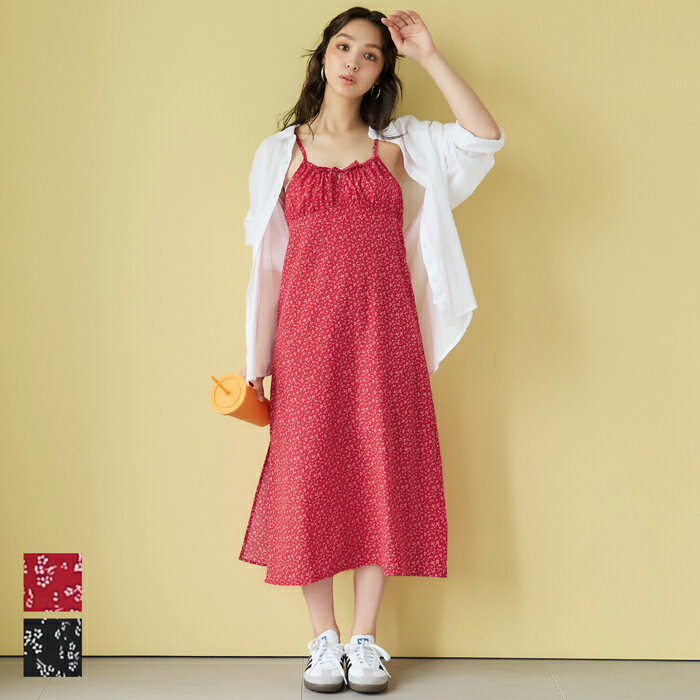 セール★1990円→1490円 ワンピース レディース キャミワンピ 花柄 リボン ロング丈 サイドスリット 調節可能 薄手 GC メール便可 24ss coca コカのサムネイル