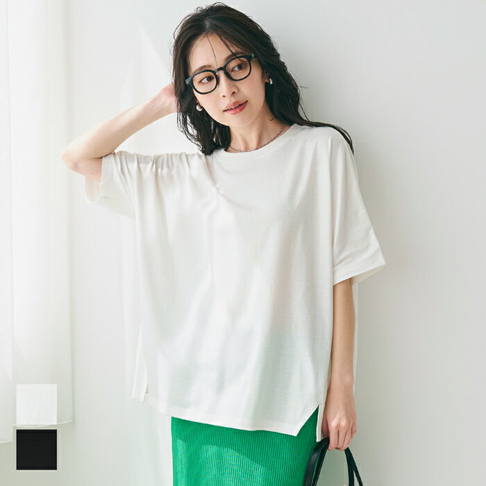 Tシャツ レディース カットソー ドルマン サイドスリット 前振り 無地 クルーネック ミディアム丈 メール便可 24ss coca コカのサムネイル