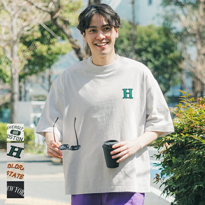 Tシャツ メンズ ワッペン プリント 刺繍 ワイドシルエット クルーネック ワンポイント 半袖 コットン カットソー 英字 メール便不可 23ss coca コカのサムネイル