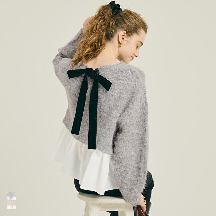 バックリボン異素材ドッキングニットトップス レディース メール便不可 coca コカのサムネイル