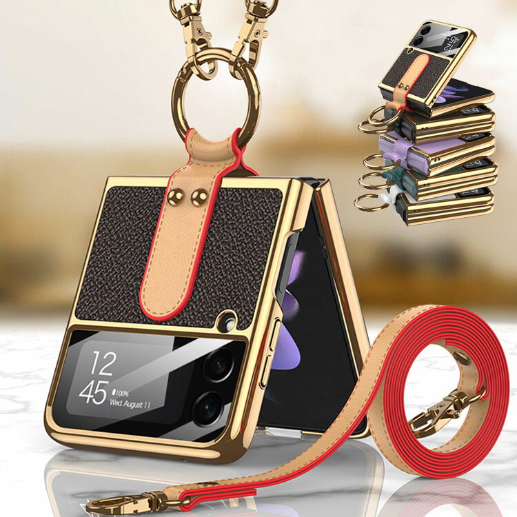 Galaxy Z Flip4 5G ケース レディース かわいい 折りたたみ型 PC&PUレザー指紋防止 スタンド機能 ショルダーストラップ ストラップ付き ネックストラップ CASE 耐衝撃 軽量 持ちやすい 全面保護 カッコいい 便利 実用 ハードカバー 人気 背面カバー galaxy z flip4 ケース