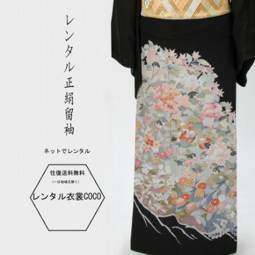 【黒留袖レンタル】淡鳥小花柄友禅黒留袖高級留袖結婚式・友禅M寸〜L寸お母様の留袖・正絹【16点フルセット】/レンタル/留袖/留袖/着物レンタル/結婚式/黒留袖/正絹/貸衣装/母親/親族/とめそで トメソデ/草履バッグ付★往復送料無料★複数割引fy16REN07