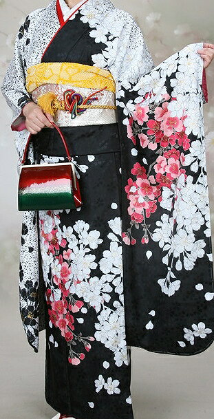 【レンタル】レンタル衣裳・貸衣装・黒地に紅白枝垂桜模様振袖M寸正装・2月〜12月着用女性着物・20歳の記念衣裳正装★fy16REN07★振袖レンタル 〔結婚式〕〔結納〕〔入学式〕〔卒業式〕〔パーティー〕〔女性和服〕〔振り袖〕〔rental〕