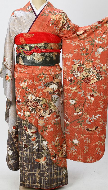 萩橘 華扇子に蝶々レンタル振袖M寸〜L寸正装・女性着物・・結婚式出席衣裳★fy16REN07★振袖レンタル 〔結婚式〕〔結納〕〔入学式〕〔卒業式〕〔パーティー〕〔女性和服〕〔振り袖〕〔rental〕〔貸衣装〕