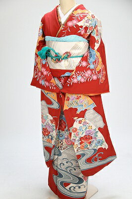 【レンタル】正絹　紅型 4泊5日 フルセット赤色着物 レンタル振袖寸正装・女性着物・20歳の記念衣裳正装成人式振袖出席衣裳・御呼ばれ衣裳〔女性和服〕〔振り袖〕〔rental〕〔貸衣装〕振袖レンタル ★fy16REN07★