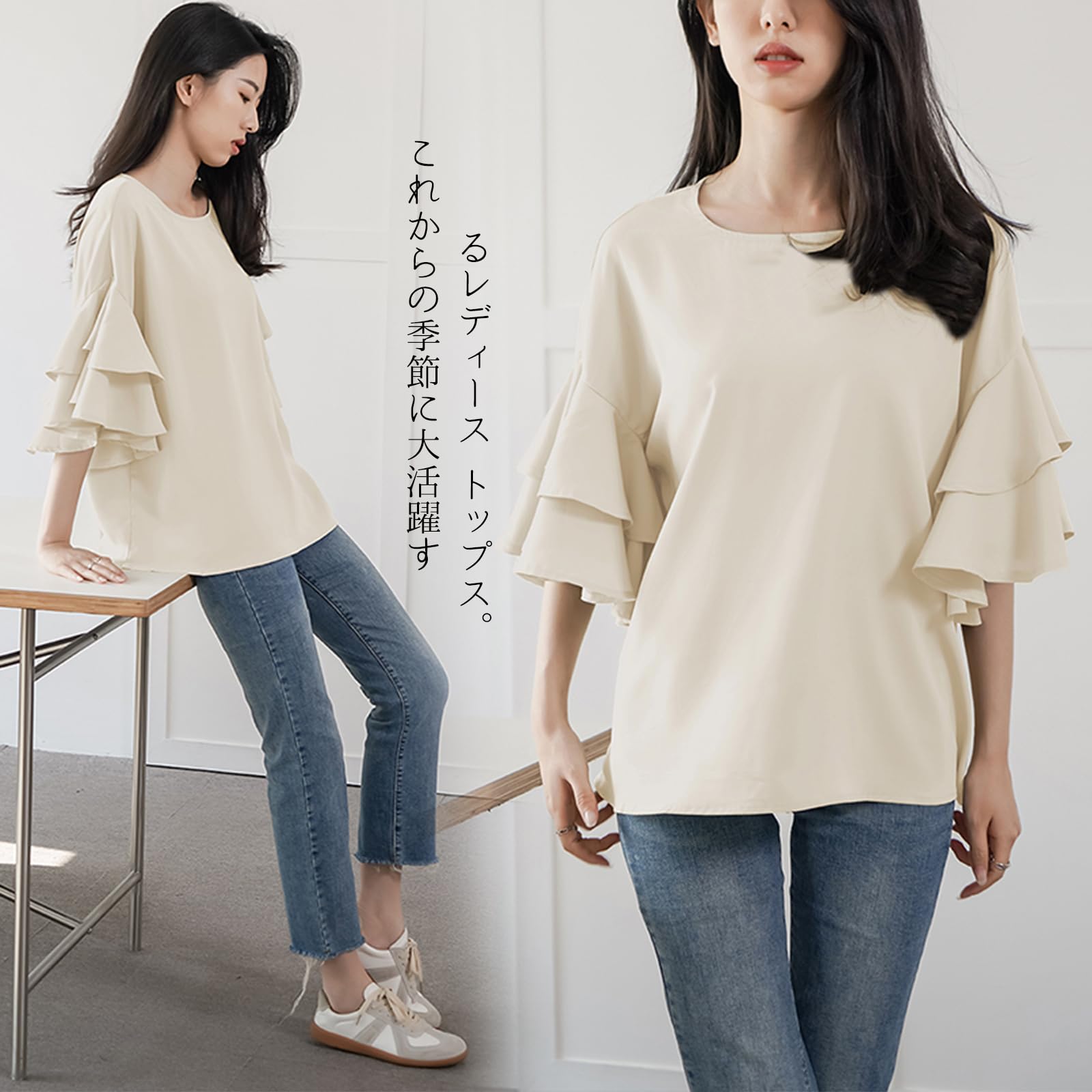 [OGCPWYQZ] ブラウス レディース トップス シャツ おしゃれ クールネック 半袖 ゆったり 体型カバー 大人 可愛い ファッション 通勤 OL カジュアル フォーマル 春 夏 色：グリーン、サイズ：L