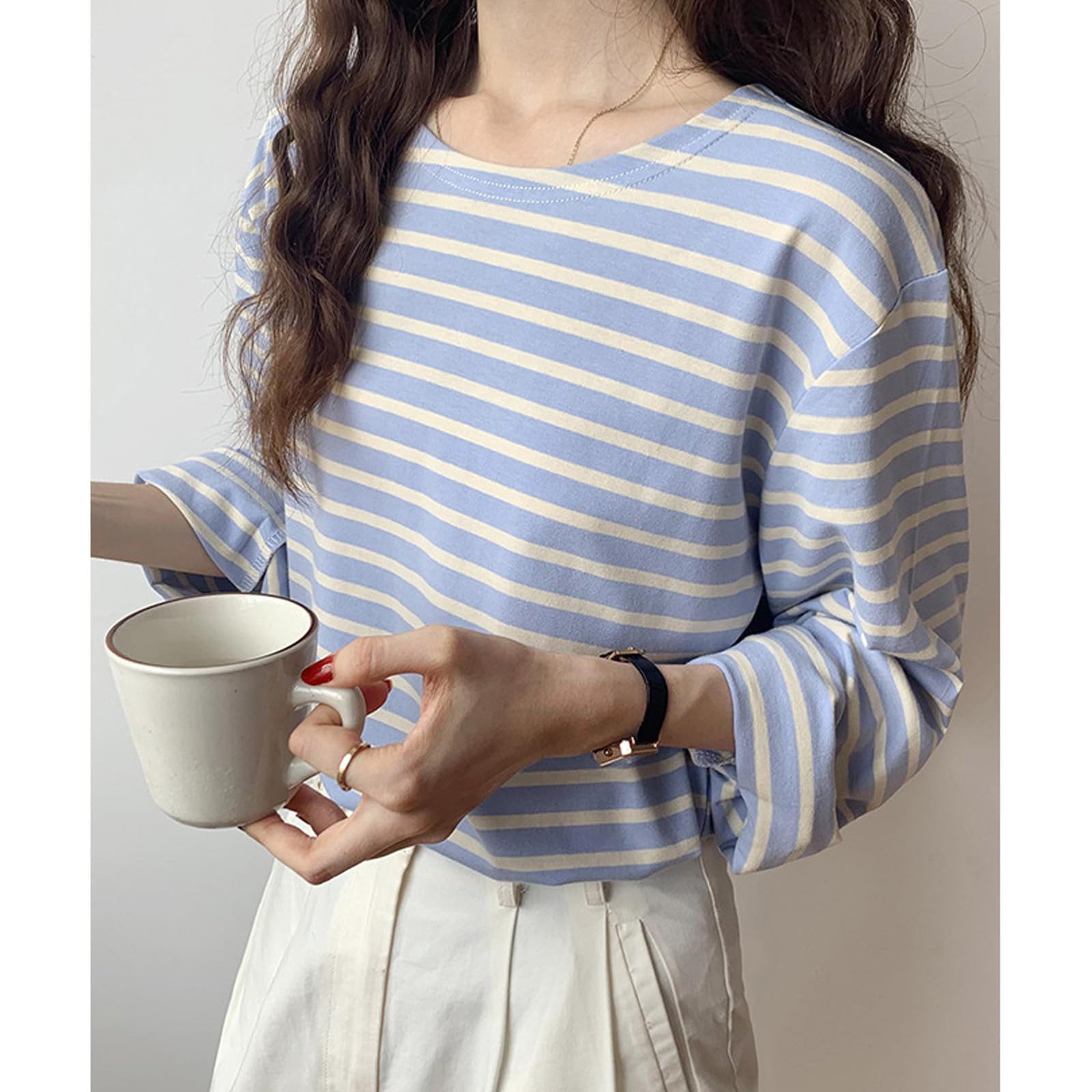 [Volen] ボーダー 長袖 レディース tシャツ 綿100 カットソー レディース 長袖 ゆったり シンプル おしゃれ 色：ライトブルー、サイズ：XL