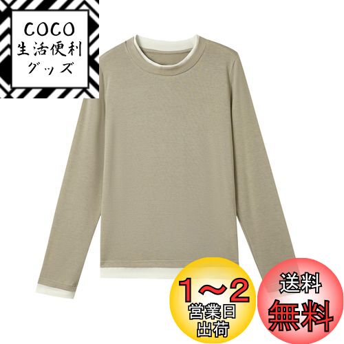 [Niliv] カットソーレディース Tシャツ ニット 丸首ネック長袖 トップス ブラウス レディース重ね着風 きれいめ カジュアル 春秋 色：アプリコット、サイズ：L