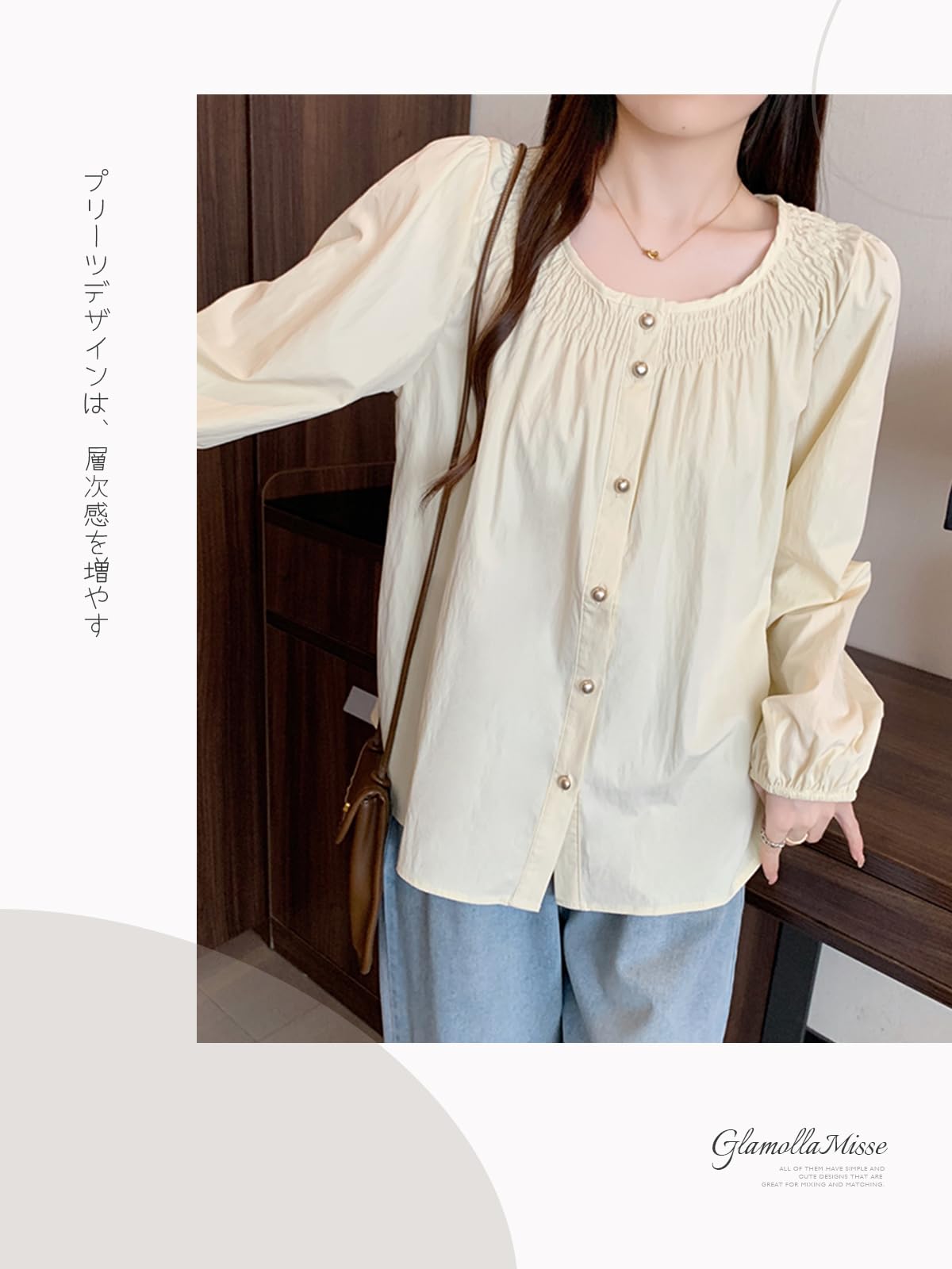 [GlamollaMisse] ブラウス レディース シフォン シャツ トップス 長袖 カーディガン 丸首 無地 レイジースタイル レトロ ゆったり おしゃれ オフィス カットソー 女性らしい 大人 大きいサイズ 体型カバー 春夏秋冬 色：アプリコット、サイズ：L