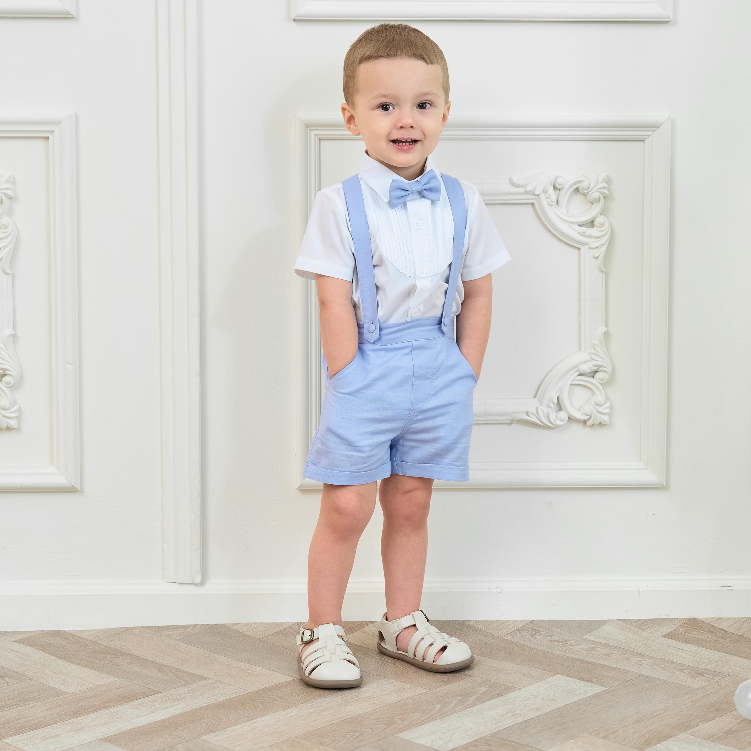 [Volunboy] サスペンダー ショートパンツ キッズ 蝶ネクタイ付き 子供 ベビー ハーフパンツ 綿麻 薄手 フォーマル カジュアル 80-120cm 色：スカイブルー、サイズ：80