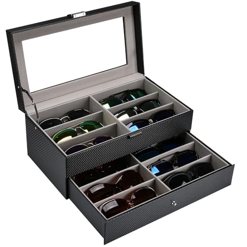 [ProCase] サングラスケース[12本用]、メガネ・アクセサリー収納ボックス 2段式、ガラス蓋、眼鏡・ジュエリ管理 コレクションケース-ストライプ