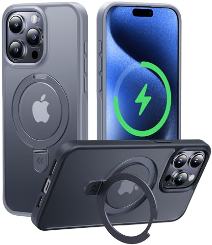 【新生活に役立つ・多機能一体】CASEKOO iPhone 15 Pro 用 ケース Magsafe対応 米軍MIL規格 耐衝撃 隠しスタンド 指紋防止 マット仕上げ 黄変防止 薄型半透明 スマホケース ストラップホール付き ワイヤレス充電対応 アイフォン15pro用ケース（グレー）