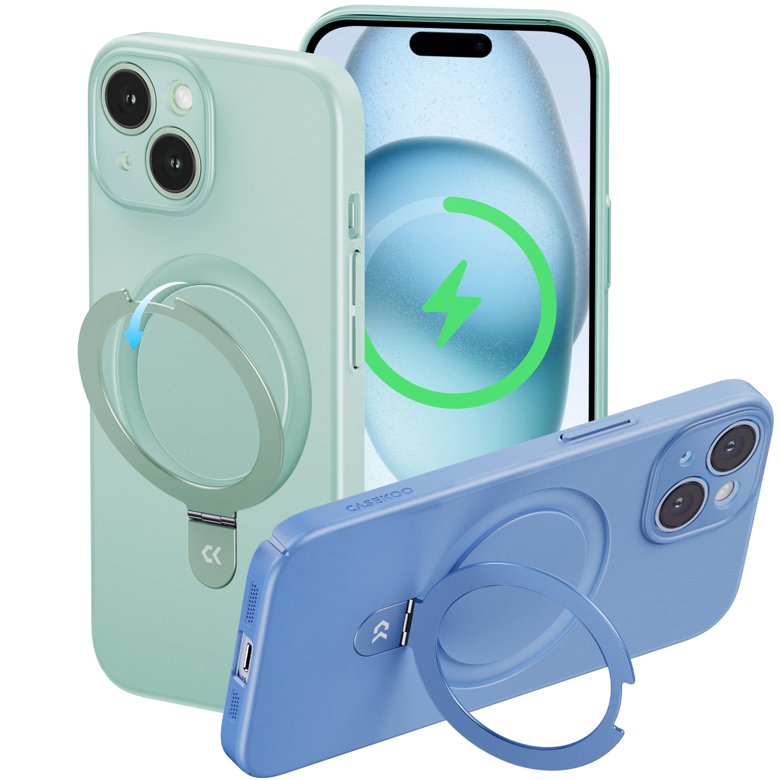 【極薄！機能充実】CASEKOO iPhone 15 用 ケース Magsafe対応 隠しスタンド 全面保護 スリム 薄型 ストラップホール付き 携帯カバー ワイヤレス充電対応 アイフォン15 ケース ライトグリーン 1