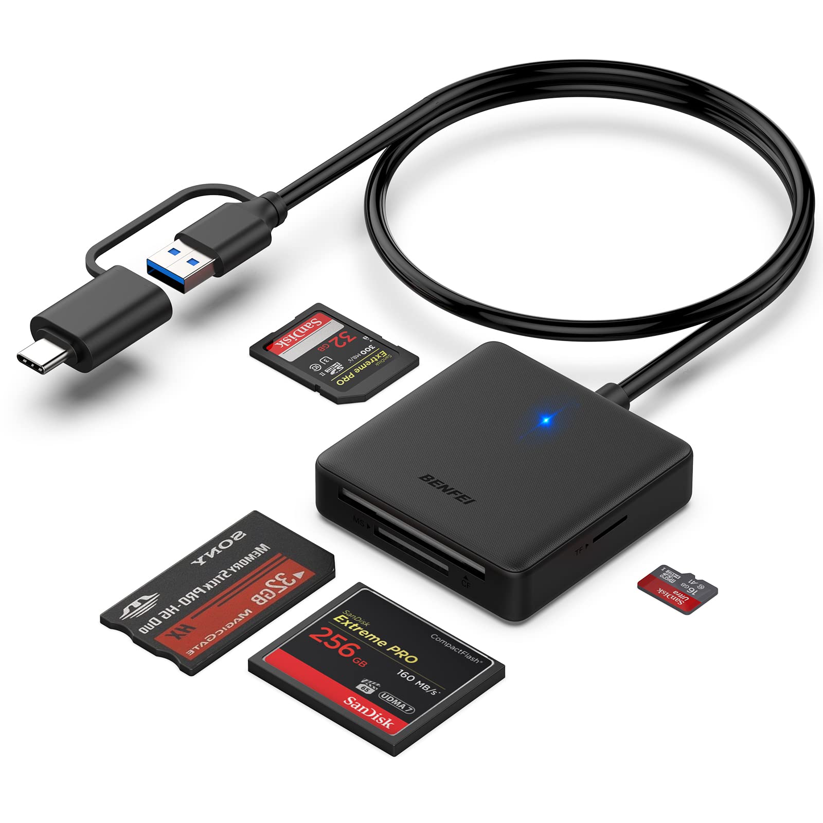 BENFEI メモリカードリーダー, 4in1 USB-C/USB - SD/TF(Micro SD)/ MS/CFカードリーダーアダプター メモリー カードリーダー OTG対応 高速転送 iPhone 15 Pro/Max, MacBook Pro/Air 2023, iPad Pro, iMac, S23, XPS 17,Windows11 Android スマホ PCに対応