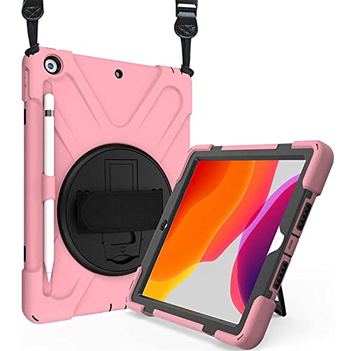 ProCase iPad 9/8/7 ショルダーケース 10.2”肩掛け式 耐衝撃カバー（2021 2020 2019) ペン収納 360°回転スタンド 手首付き -ピンク