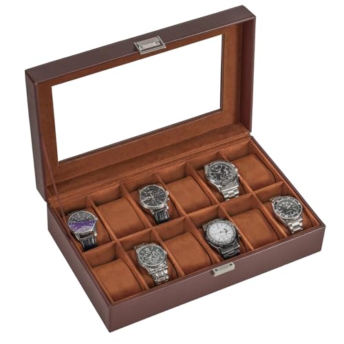 ProCase 腕時計ケース PU製 ウオッチコレクションケース 男性 収納ボックス ガラス蓋 ディスプレイケース プレゼント（12本用・ブラウン）