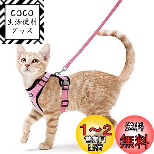 Rabbitgoo 猫ハーネス リード付き 犬猫兼用 散歩 防災避難用 抜けない はーねす 胴輪 ソフト軽量 サイズ調節可 夜反射 通気メッシュ 咳込み防止 散歩 紐 りーど (ピンク XS)