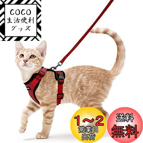 Rabbitgoo 猫 ハーネス リード セット 抜けない 猫用ハーネス ソフト軽量 夜反射 通気メッシュ 散歩用 りーど はーねす 足を上げず装着完成 サイズ調節可 咳込み防止 猫胴輪 くびわ ベスト パグ ネコねこ子猫 散歩ひも（レッド S）