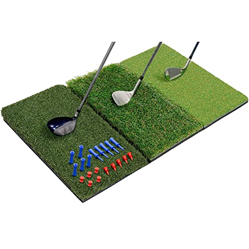 SAPLIZE セープライズゴルフ練習マット 3-in-1・折りたたみ式 76*38cm・大きい ティーターフ・フェアウェア・ラフ 加重EVA・防振・滑り止めベース フルショットもチッピングも対応
