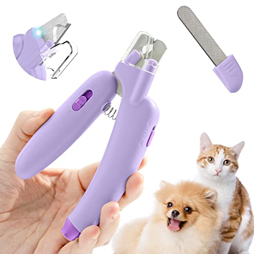Caseeto ペット爪切り 猫の爪切り LEDライト 小中大型犬用爪切り ネイルカッター 初心者でも簡単に操作できる ステンレス刃先 スプリング 握りやすい 収納ケースあり (ライトパープル)