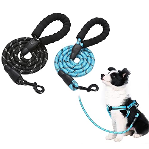 SUSWIM 丈夫な犬用リード 2個セット 155センチ犬用引きヒモ、持ちやすいスポンジ取っ手と目立つ夜光材質採用、中型と大型犬に適用 余分なものボーナス(ブルー+黒)