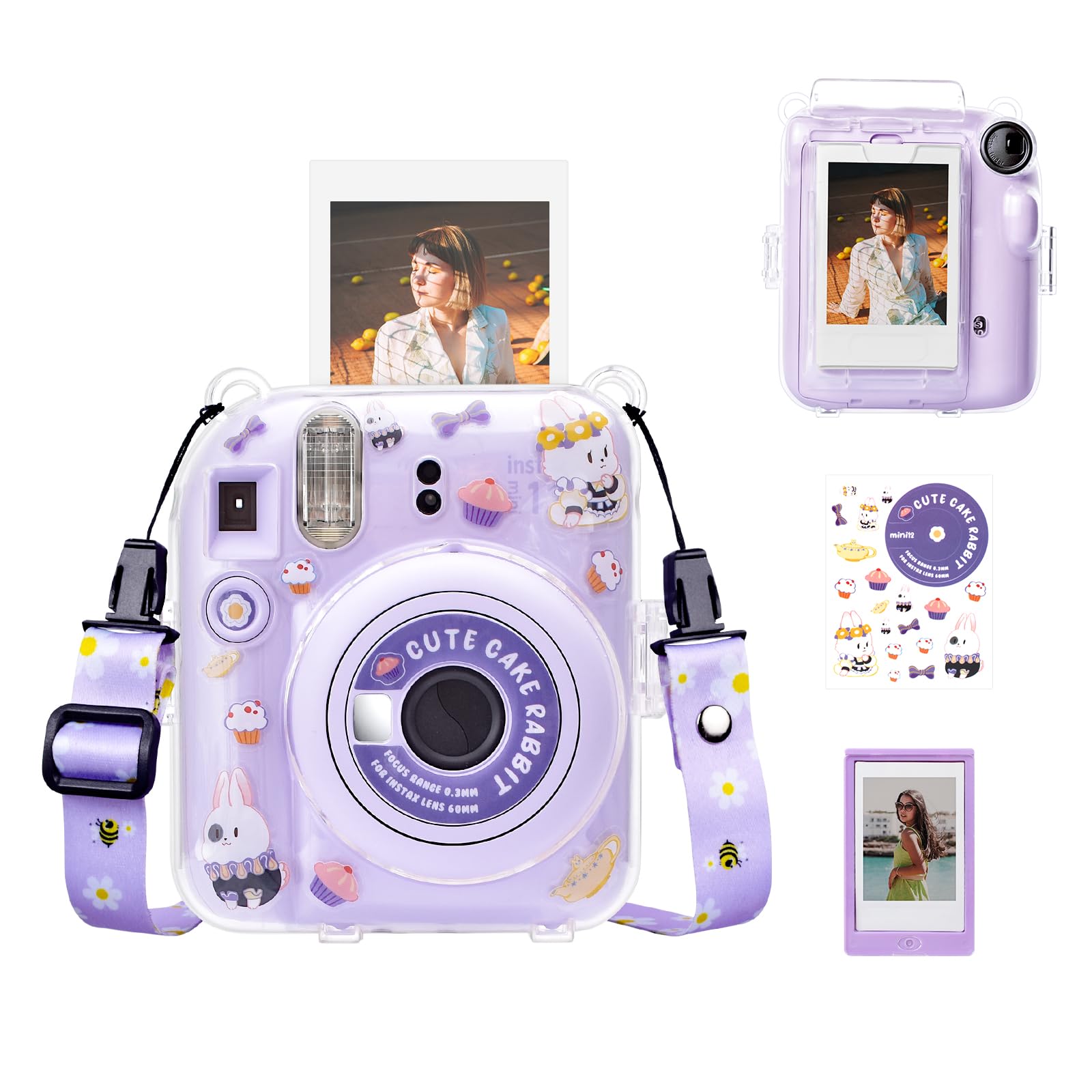 HIYQIN instax mini 12ケース、FUJIFLM ｢チェキ instax mini 12｣専用カメラケース4点セット チェキ 12 クリア ケース ショルダーストラップ付 磁気フォトフレーム付き チェッキ12カメラ用ステッカー付