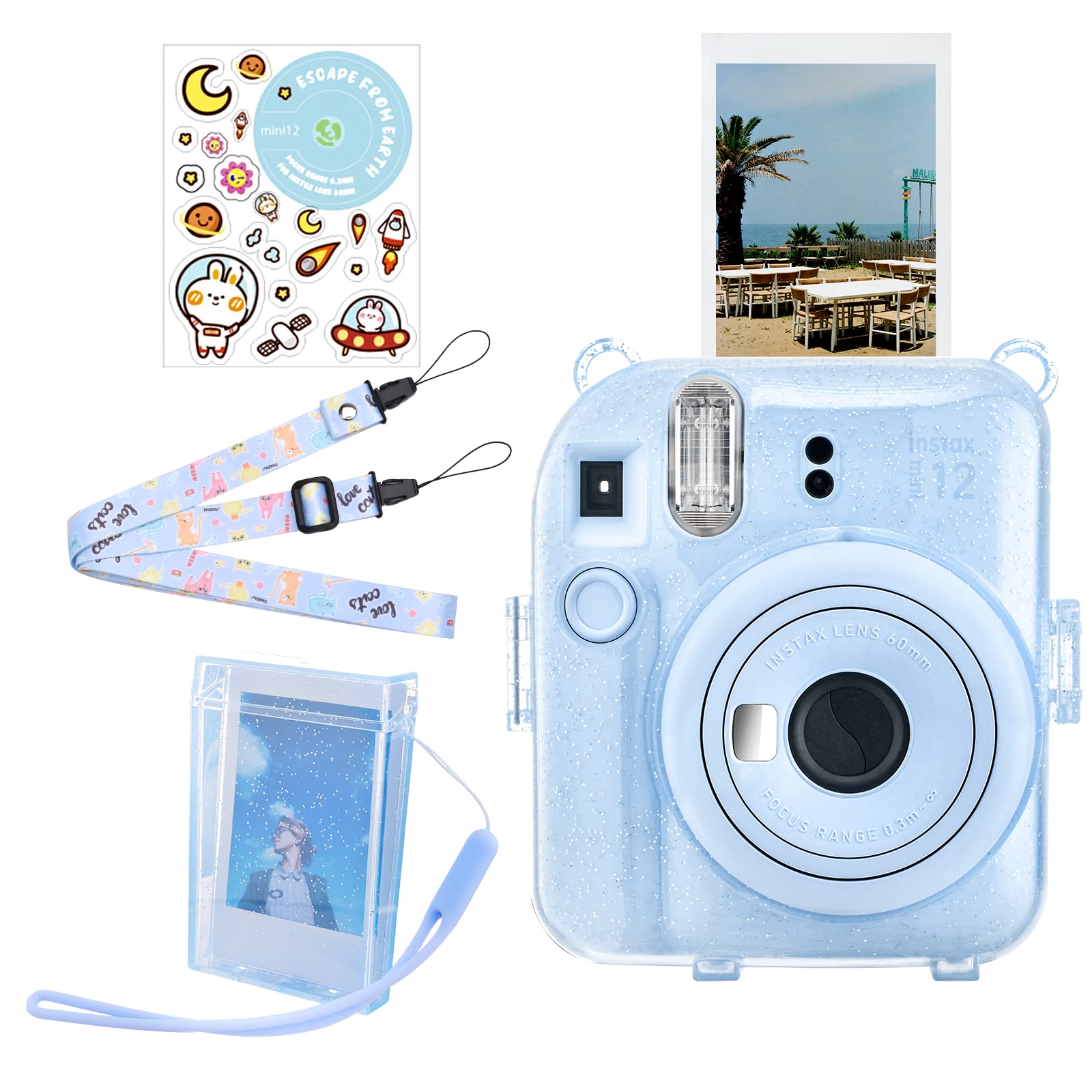 HIYQIN instax mini 12ケース、FUJIFLM ｢チェキ instax mini 12｣ ケース 5点セット チェキ 12 クリアケース ショルダーストラップ付、写真収納ボックス、チェッキ12 用ステッカー付