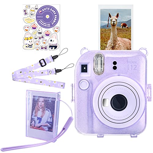 HIYQIN instax mini 12ケース、FUJIFLM ｢チェキ instax mini 12｣ ケース 5点セット チェキ 12 クリアケース ショルダーストラップ付、写真収納ボックス、チェッキ12 用ステッカー付