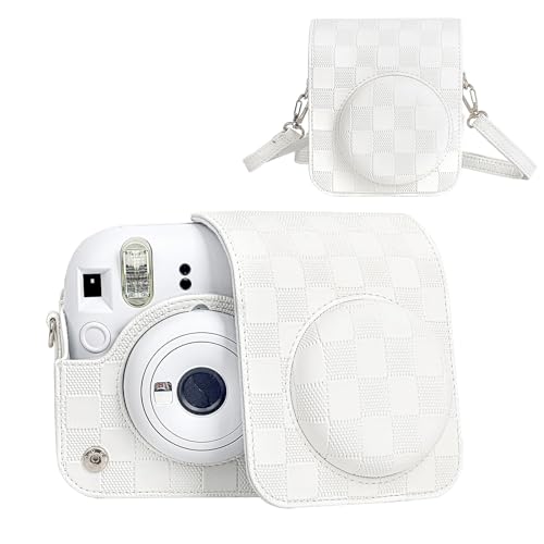 HIYQIN 「立体テクスチャーシリーズ」チェキケース instax mini 12ケース,Fujifilm チェキ12ケース チェキ mini 12カメラケース ショルダーストラップ付き PUレザー - グリッドテクスチャ(ホワイト)