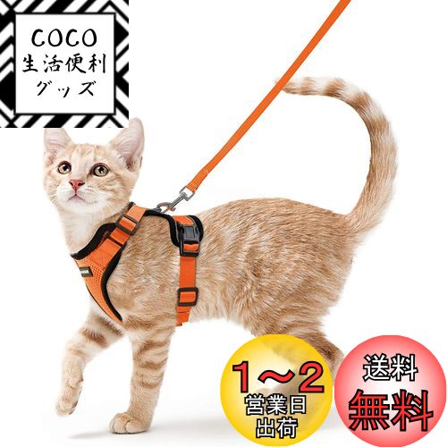Rabbitgoo 猫 ハーネス リード セット 犬猫兼用 超小型犬 小型犬 抜けない ソフト胸あて 軽量 足を上げず装着完成 サイズ調節可 夜反射 通気メッシュ 咳込み防止 散歩 猫用ハーネス 猫 胴輪 りーど はーねす 散歩 紐 ひも (XS オレンジ)