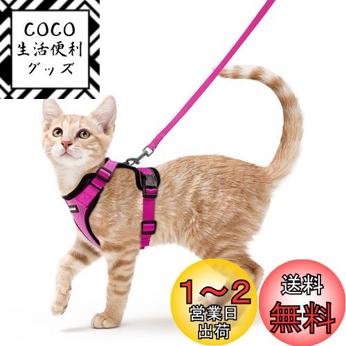 Rabbitgoo 猫 ハーネス リード セット 抜けない 猫用ハーネス ソフト軽量 犬猫兼用 超小型犬 小型犬 散歩 災害避難 はーねす りーど 足を上げず装着完成 サイズ調節可 夜反射 通気メッシュ 咳込み防止 胴輪 紐 ひも（ローズレッド XSサイズ）
