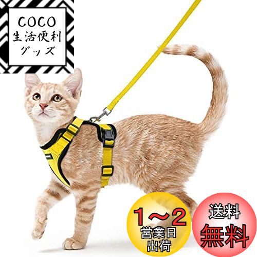 Rabbitgoo 猫 ハーネス リード セット 抜けない ソフト胸あて 軽量 超小型犬 小型犬 猫 散歩 用 ハーネス 胴輪 足を上げず装着完成 サイズ調節可 夜反射 通気メッシュ 咳込み防止 猫 散歩 紐 ひも はーねす りーど（イエロー XS）