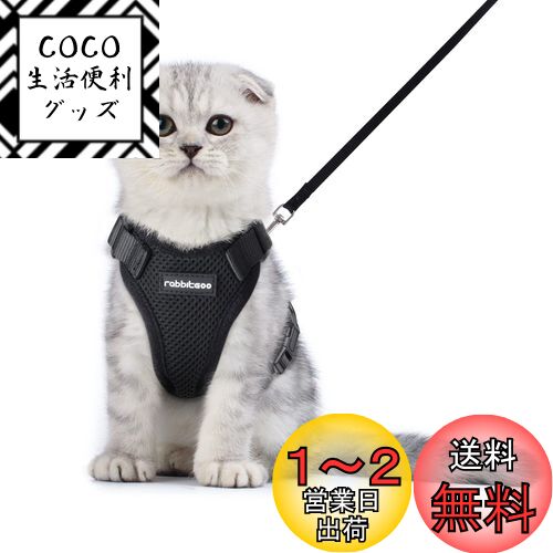 Rabbitgoo 猫 ハーネス リード セット 小型犬 犬猫兼用 抜けない はーねす ソフト胸あて 軽量 足を上げず装着完成 サイズ調節可 ネコ 散歩 紐 夜反射 通気メッシュ 咳込み防止 胴輪 ベスト りーど（黒 XSサイズ）
