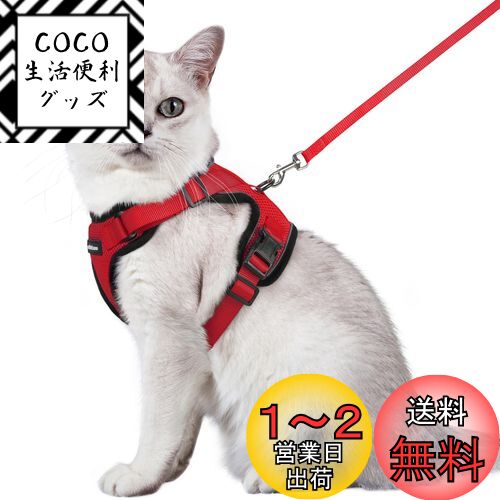 Rabbitgoo 猫 ハーネス リード セット 抜けない 猫用ハーネス ソフト軽量 犬猫兼用 超小型犬 小型犬 散歩 災害避難 はーねす りーど 足を上げず装着完成 サイズ調節可 夜反射 通気メッシュ 咳込み防止 胴輪 紐 ひも（レッド Mサイズ）