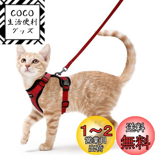 Rabbitgoo 猫 ハーネス リード セット 小型犬 犬猫兼用 抜けない はーねす ソフト胸あて 軽量 足を上げず装着完成 サイズ調節可 ネコ 散歩 紐 夜反射 通気メッシュ 咳込み防止 胴輪 ベスト りーど（レッド XXSサイズ）