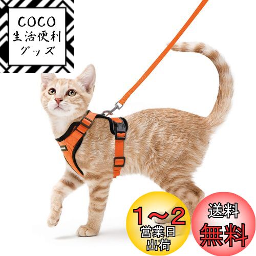 Rabbitgoo 猫 ハーネス リード セット 抜けない 猫用ハーネス ソフト軽量 犬猫兼用 超小型犬 小型犬 散歩 災害避難 はーねす りーど 足を上げず装着完成 サイズ調節可 夜反射 通気メッシュ 咳込み防止 胴輪 紐 ひも（オレンジ XXSサイズ）