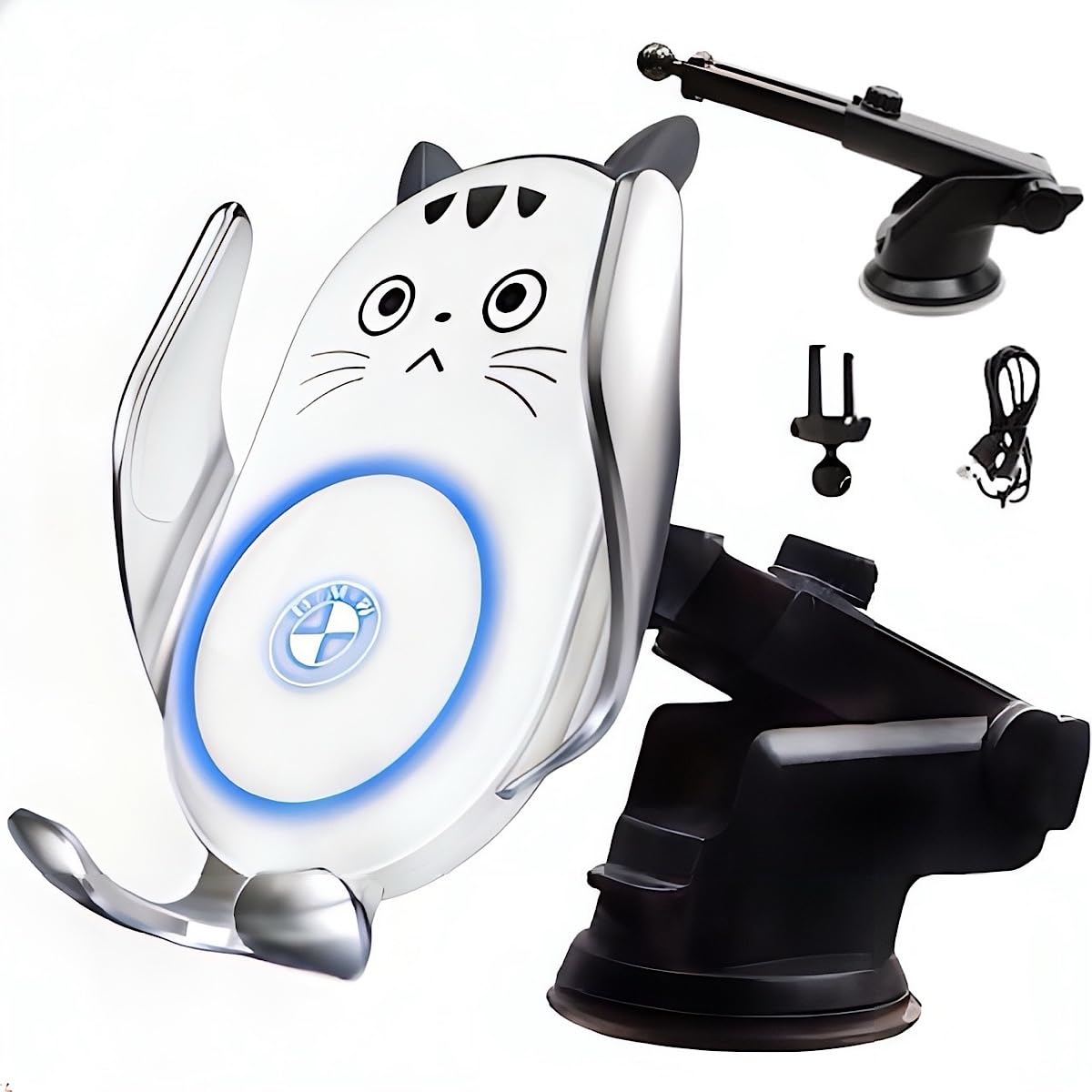 商品情報商品の説明可愛いキャラクター車載スマホスタンド。裏面のセンサーに触れるだけでアームが開閉し、スマホの充電が自動で開始します。片手操作が可能で超軽量設計。3点固定方式による安定感と、Qi認証済みのワイヤレス充電機能を搭載しており、最大15Wの急速充電が可能です。主な仕様 【センサーによる自動開閉】Fudiaのスマホホルダーは背面のセンサーに軽く触れるだけでアームが自動的に開閉し、同時に充電が開始します。片手操作でスムーズにスマホの着脱が可能です。※スマホの充電をされる際は必ずUSBケーブルを使用ください。USBケーブルが繋いていない状態では充電はされません。【軽量で静音】最新の静音モーターを搭載し、低振動&低騒音を実現。軽量設計でありながら、3点固定方式による安定性で、どんな道でもスマホをしっかりホールドします。【おしゃれなでデザイン】選べる可愛いキャラクターデザイン(悪魔、鹿、ウサギ、クマ)で、車内をおしゃれに飾り、運転がさらに楽しくなります。【高速Qi/最大15/充電&安全保護】機体ボディの温度を急速下げ、最新電磁コイル搭載で最大出力15Wのワイヤレス充電効率と充電スピードをアップします。(機種により15W/10W/7.5Wで充電されます）※最大15W機能を使用したい場合は、QC3.0に対応したシガーチャージャーが別途必要になります。Qi認証済みで、過充電や過熱からデバイスを守る安全設計なので、異物検出機能も搭載し、より安心して使用できます。【改善取付パーツで更なる安定性】 ・吸盤式：改良された強力ゲル吸盤は高品質なポリカーボネートを使用し、従来の吸盤とは一線を画します。耐熱性と耐久性が向上し、ゲルと真空のデュアルデザインにより、どんな表面にも隙間なく密着し、長期間にわたる強力な吸着力を実現します。長期間使用しても粘着ゲルが劣化することがなく、いつでも長禄な吸着力を継続します。 奥行きは無段階調整可能でロングアームは伸縮自在でもっと近くで操作できます。 ・吹き出し口クリップ：スマホの発熱を車のエアコンからの冷風で効果的に抑えます。固定補助パーツが装備されており、運転中の揺れや振動による落下を防ぎます。また、滑り止めのゴムがアームに配置したことで、スマホをしっかりと挟み、運転中の揺れや振動からスマートフォンを保護します。【アフターサービス/互換性機種】万が一に関するトラブルがございましたら、お気軽にメールでご連絡頂ければ、24時間以内に解決いたします。 対応機種：iPhone16シリーズ/iPhone15シリーズ/iPhone14シリーズ/iPhone13シリーズ/iPhone12シリーズ/iPhone11 シリーズ/iPhone8/iPhone7/iPhone6/サムソンGalaxy S8/S9/S10などの4-7インチほとんどの機種に対応できます。 # 【送料無料】スマホホルダー 車【2025年最新強化版】 Fudia 可愛い 車載スマホスタンド 15W急速ワイヤレス充電 自動開閉 360°回転 改良吸盤＆エアコン対応 片手操作 安定性 耐久性強化 Qi認証 iPhone/Android対応 光るデザイン（猫 ホワイト 運転中にスマホを操作するのは危険で、どうしても気が散ってしまいますよね。そんな悩みを解決するのが、Fudiaのスマホホルダーです。あなたの運転をサポートし、スマホをしっかりホールドすることで、安心して運転に集中できます。 この可愛い車載スマホスタンドは、自動開閉機能を搭載しており、片手でスムーズにスマホを取り出せます。さらに、15Wの急速充電が可能で、疲れたバッテリーを効果的に補充します。 ただのスマホホルダーではなく、愛らしいデザインで車内をお洒落に演出することもできるのです。全体的に見ても、デザインと機能性を兼ね備えた商品だからこそ、多くの方々に支持されています。 この製品を使うことで、日常の運転がより安全で快適なものになります。あなたもこの可愛いスマホホルダーを試してみませんか？ ## スマホの自動開閉機能で簡単操作 Fudiaのスマホホルダーは、背面に搭載されたセンサーを使って自動的にアームが開閉します。これにより、スマホを片手で簡単に取り出せるようになります。運転中に視線をスマホに移すことなく、非常に便利です。 センサーは敏感に反応し、ほんの軽いタッチでアームが自動で開きます。これにより、運転中の安全性も向上します。スマホの着脱も手軽で、もう両手を使用する必要がありません。 また、アームの開閉は静かでストレスを感じません。運転中に音が気になることもなく、安心して使用可能です。例えば、急な電話がかかってきた際でも、すぐに取り出せるため、煩わしさがありません。 このような機能は特に忙しい日常を送る方にありがたく感じられます。余計な手間を省き、運転に専念できるのは大きな魅力です。特に長時間運転する方や、運転中に電話を受ける必要がある方にとって、非常に助かる機能です。 そして、アームに滑り止めのゴムを施しているので、スマホがしっかり固定され、運転中の揺れや振動からもしっかりと守られています。動いたり落ちたりする心配がないため、安心して運転できるのが嬉しい点ですね。 ## 15W急速ワイヤレス充電機能で効率的 Fudiaのスマホスタンドは、15Wの急速ワイヤレス充電機能を備えています。これにより、運転中にスマホを充電しながら、ストレスなくモバイルライフを楽しめるのです。 急速充電とは言え、Qi認証を受けているため、安全性も抜群です。過充電や過熱を防ぎ、安心して使用できます。特に、充電速度を重視する方にとっては、嬉しいポイントでしょう。 ただし、急速充電機能を利用するには、QC3.0に対応したシガーチャージャーが別途必要です。これを用意すれば、さらに快適な充電環境が整います。 運転中にバッテリーが減るのはよくあることですが、このスマホスタンドがあれば、出先で充電が切れる心配も軽減されます。例えば、長距離旅行や外出先でのスマホ依存を解消できる点は、使用者にとってもありがたいです。 また、最新電磁コイルを搭載しており、充電効率を向上させています。この技術のおかげで、充電中も安心して運転に集中できます。電車に乗るときや、待ち時間にも充電できるため、日常のストレスを軽減します。 この機能はスマホユーザーには必見です。車の中で効率的に充電できるため、もう充電器を探す手間が無くなるのです。この便利さを皆様にもぜひ体感していただきたいと思います。 ## 安定性とデザイン性を両立したスマホホルダー Fudiaのスマホホルダーは、ただ機能的なだけではありません。おしゃれなデザインも兼ね備えています。可愛いキャラクターのデザインは、車内を華やかに演出し、運転する楽しさを増してくれます。 特に、車内のインテリアにこだわりがある方には、おすすめのアイテムです。様々なデザインから選べるので、自分好みのスタイルを楽しむことができます。 また、改良された吸盤式の固定方法は非常に強力で、どんな表面にも固定できるため、安心感があります。これにより、長期間にわたっても落ちることがなく、使用するたびに安心です。 さらに、ロングアームが伸縮自在なため、運転中に近くでスマホ操作が可能な点も魅力です。運転中にちょっとした操作をする際の利便性が高まります。 これらの機能があるので、Fudiaのスマホホルダーはただのガジェットではなく、自分自身の運転スタイルを豊かにするアイテムとして活躍します。長時間運転する際も快適に過ごせるため、特に有意義な時間を過ごすことができます。 このように、機能性だけでなくデザイン性にも優れているため、幅広いユーザーに支持されています。愛らしさと利便性が共存するFudiaのスマホホルダーは、あなたの運転をより豊かにするポイントになること間違いなしです。 ## お客様の声とアフターサービス Fudiaのスマホホルダーを使ったお客様からは、多くのポジティブな声をいただいています。特に「運転が楽になった」という声や「デザインが可愛い」といった意見が目立ちます。 また、アフターサービスも充実しており、何かトラブルが発生した場合も安心です。24時間以内に対応してくれるため、急なお困りごとにも迅速に解決できます。 対応機種も幅広く、iPhone16シリーズやGalaxy Sシリーズまで対応しており、多くのユーザーにフィットします。これにより、購入後も安心して使用できる点が魅力です。 もしもスマホのサイズが合わない場合や、他の機能に関して疑問があれば、すぐにカスタマーサポートへ連絡することができます。それにより、使用時の不安を解消できるのは大きなポイントです。 Fudiaのスマホホルダーは、ただ便利な商品ではなく、お客様に寄り添ったサポート体制が整っているので、購入後も長く愛用できる製品だと言えます。魅力的なデザインと高機能性と合わせて、より快適な運転ライフをサポートするアイテムとして、多くの方に選ばれています。 ## まとめ - 自動開閉機能で片手操作が簡単。 - 15W急速ワイヤレス充電で効率的な充電を実現。 - 安定した吸盤固定とデザイン性。 - 幅広い機種に対応し、アフターサービスが充実。 - 是非、運転をもっと快適にするためにお試しください