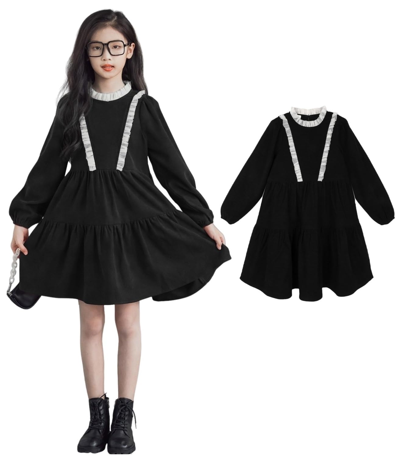 【送料無料】 ワンピース フォーマル キッズ 長袖 黒 法事 葬儀 入学式 卒業式 女の子 春 秋 冬 ひざ丈 フリルネック 発表会 結婚式 普段着 ブラック ...