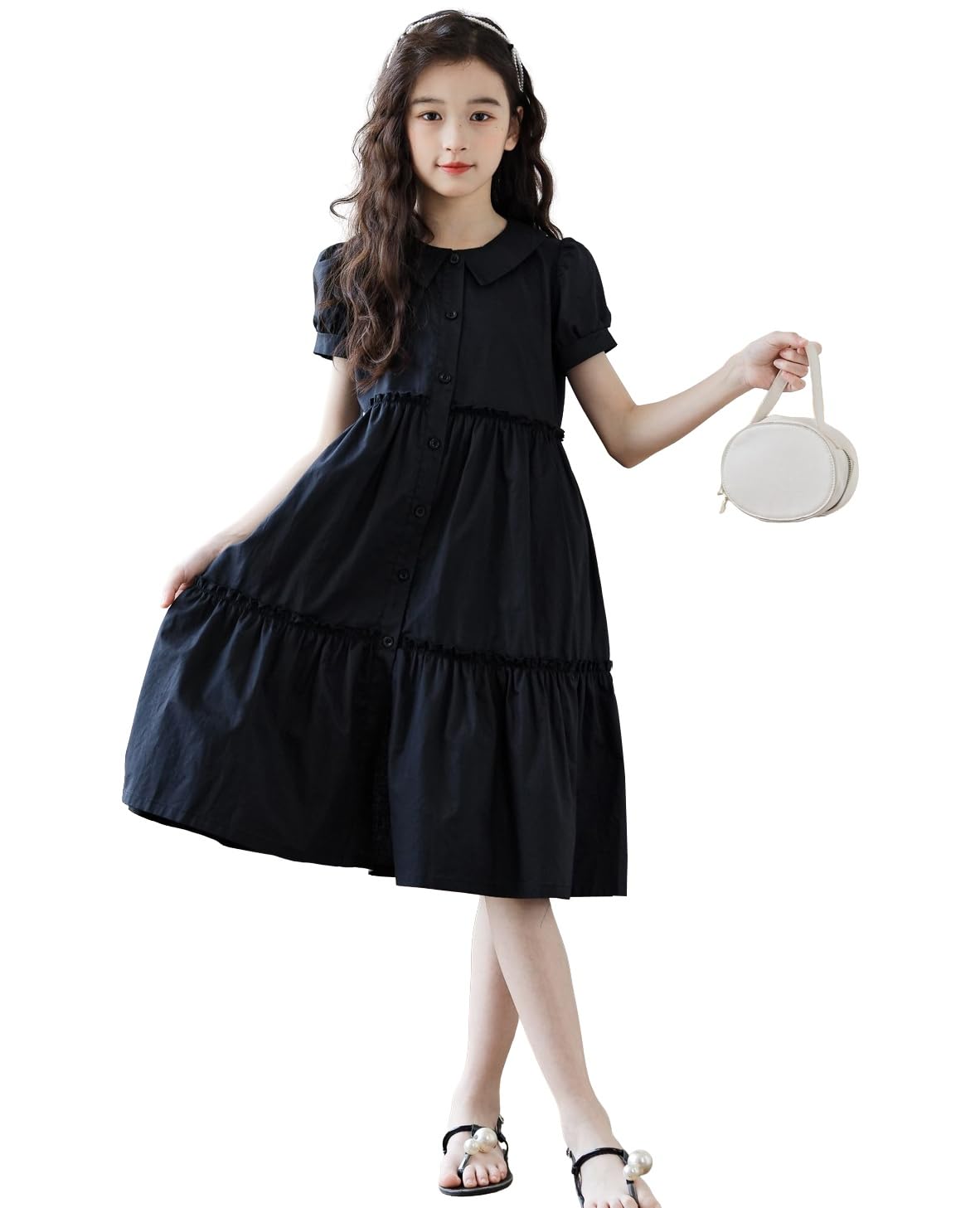 【送料無料】 子供 黒 フォーマルワンピース 襟付き 半袖 女の子 法事 葬式 発表会 お受験面接 通学 たっぷりフレア フリル 前開き 春夏秋 130-165cm 色：ブラック/半袖、サイズ：165