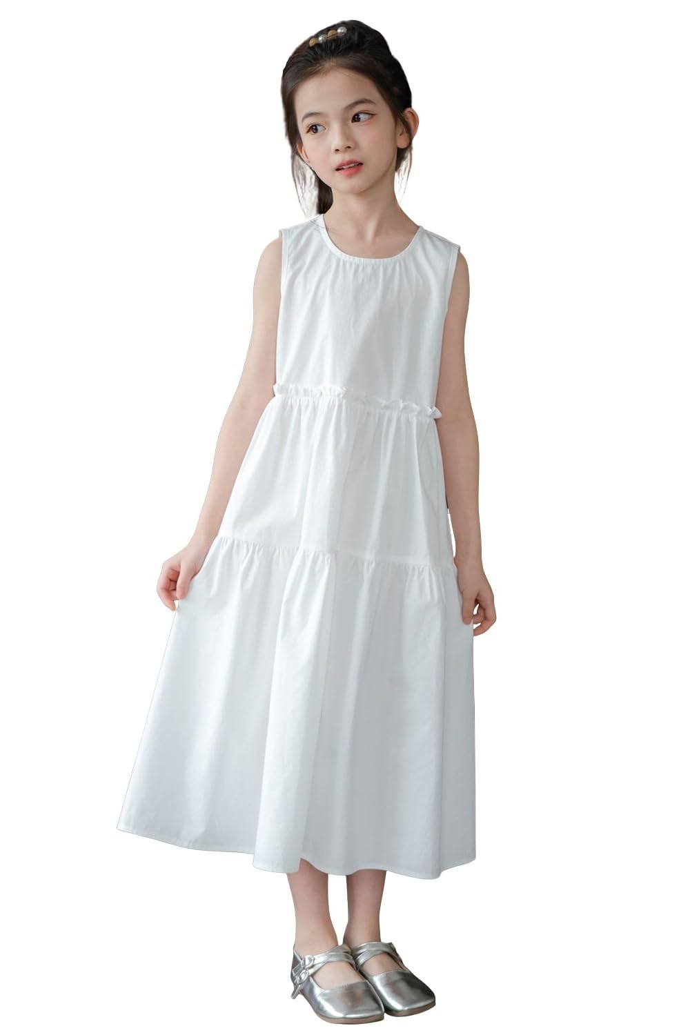 【送料無料】 子供 ロングワンピース ノースリーブ フレア 女の子 サマードレス 袖なし 130-1 ...