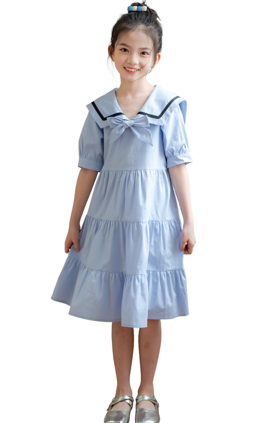 【送料無料】 キッズ 女の子 海軍風 ワンピース セーラー襟 半袖 ブルー 130-165cm 色：ブルー、サイズ：140
