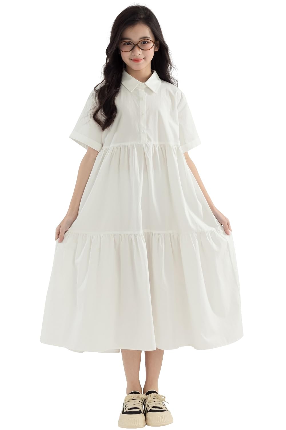 【送料無料】 子供 シャツワンピース 角襟 半袖 ロング丈 フレア 女の子 ロングワンピース 襟付き 無地..