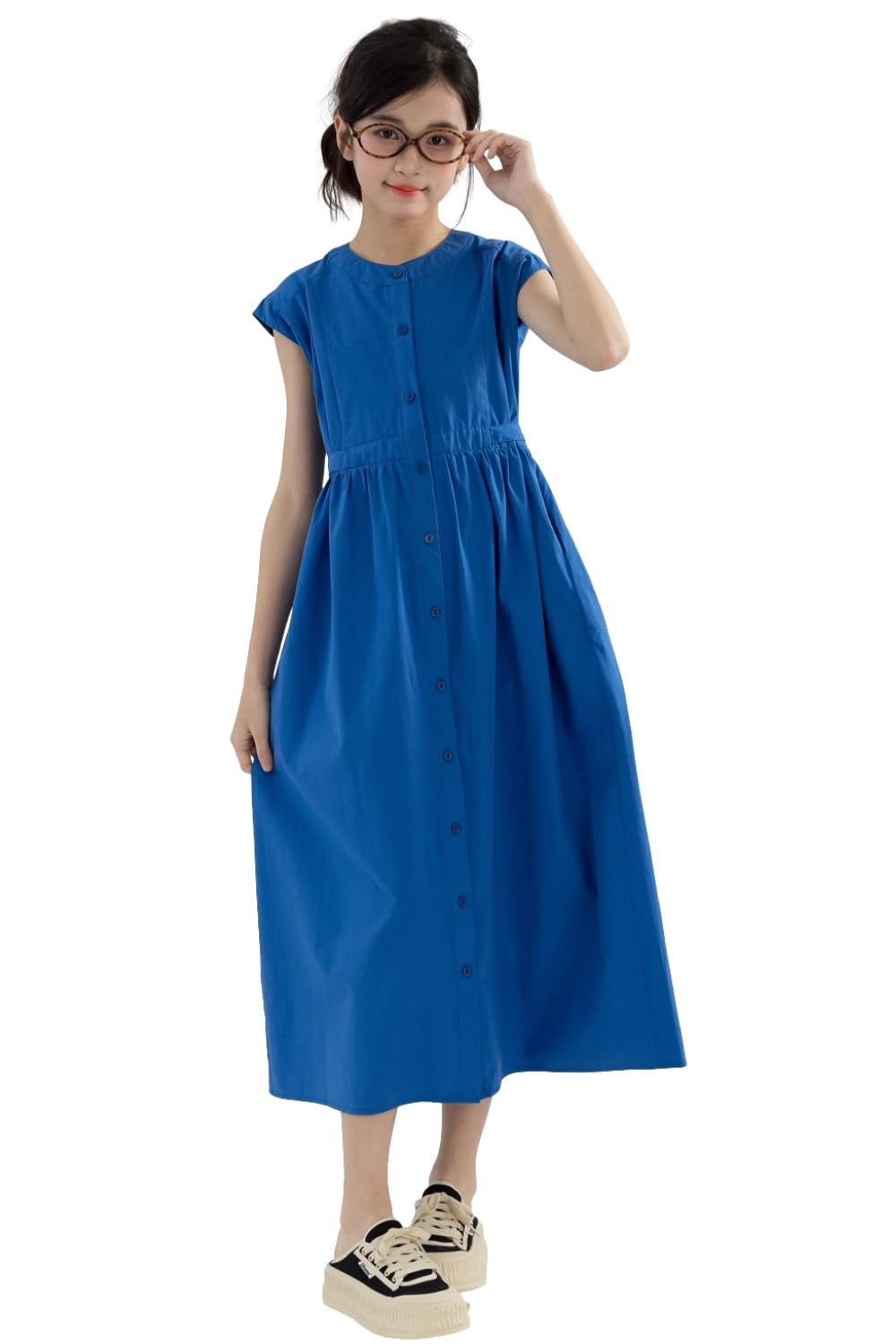 【送料無料】 キッズ サマードレス ロングワンピース 女の子 夏 シャツワンピース 立ち襟 前開き 半袖 リボン 130-165cm 色:ブルー、サイズ:165