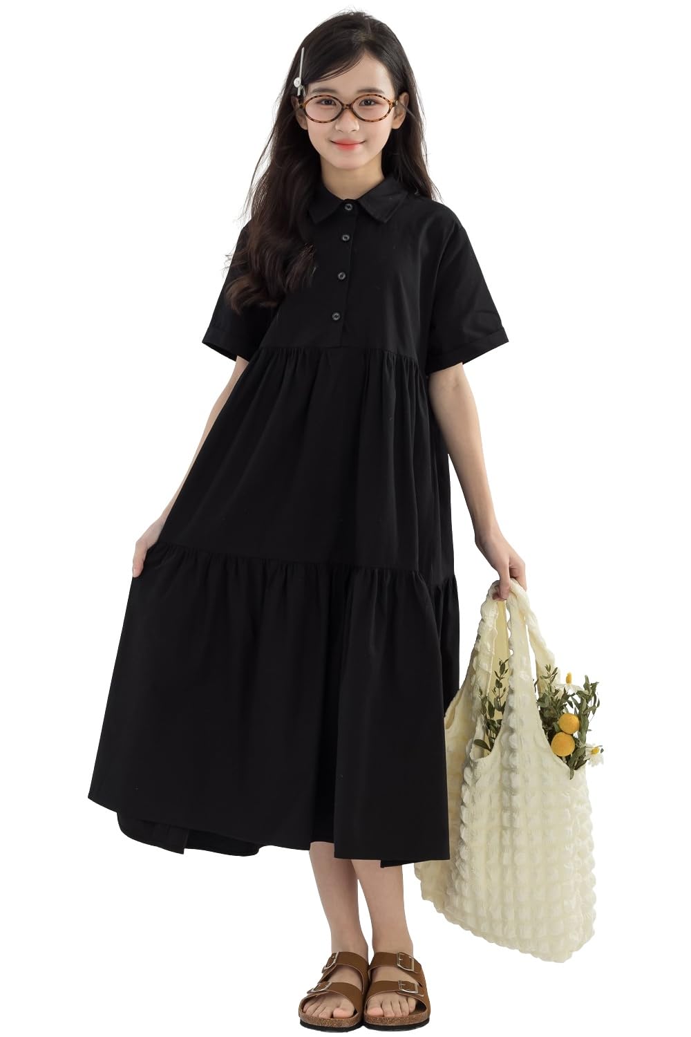【送料無料】 子供 シャツワンピース 角襟 半袖 ロング丈 フレア 女の子 ロングワンピース 襟付き 無地..