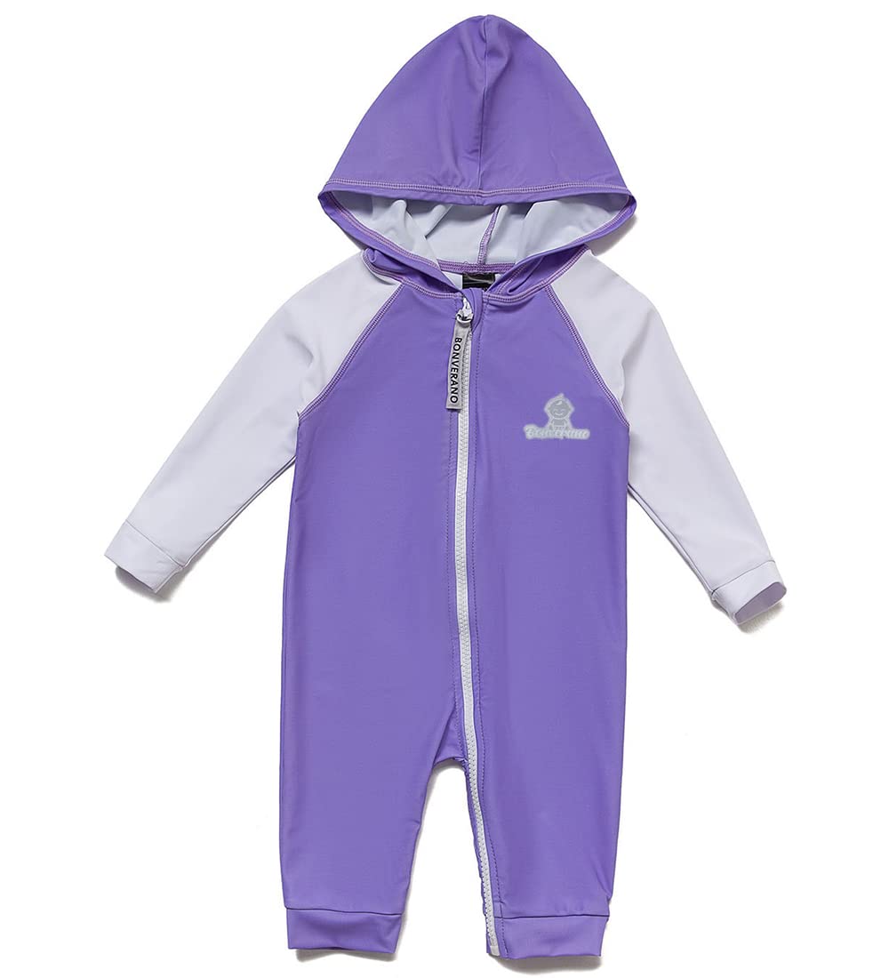 【送料無料】 ベビー 水着 ラッシュガード UPF50+ UVカット 女の子 ワンピース フード付き 色：パープル、サイズ：3-6 Months