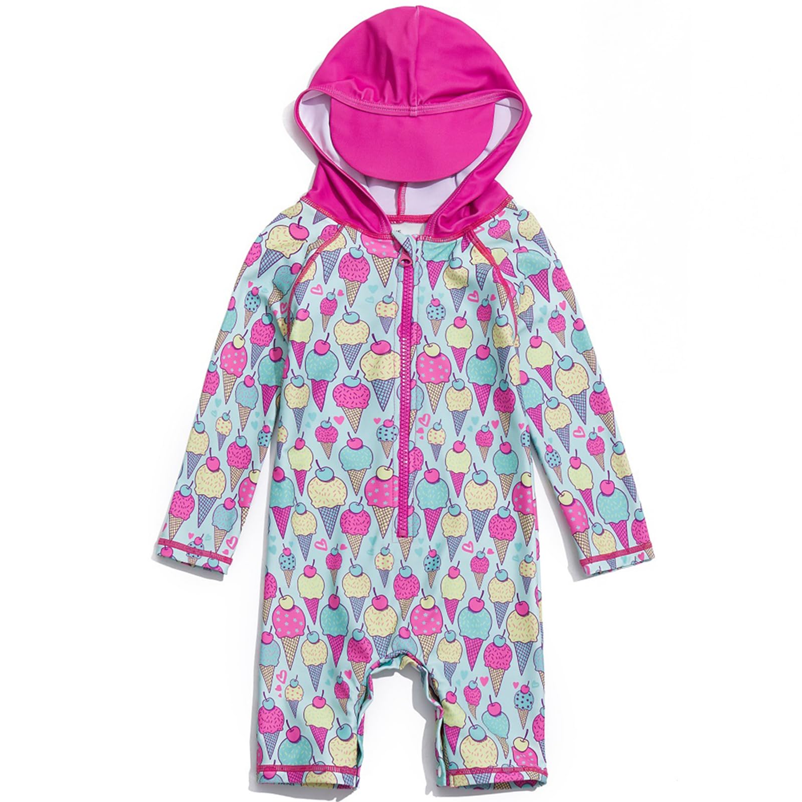 【送料無料】 ベビー 水着 ラッシュガード UPF50+ UVカット 女の子 ワンピース フード付き 色：Ice Cre..