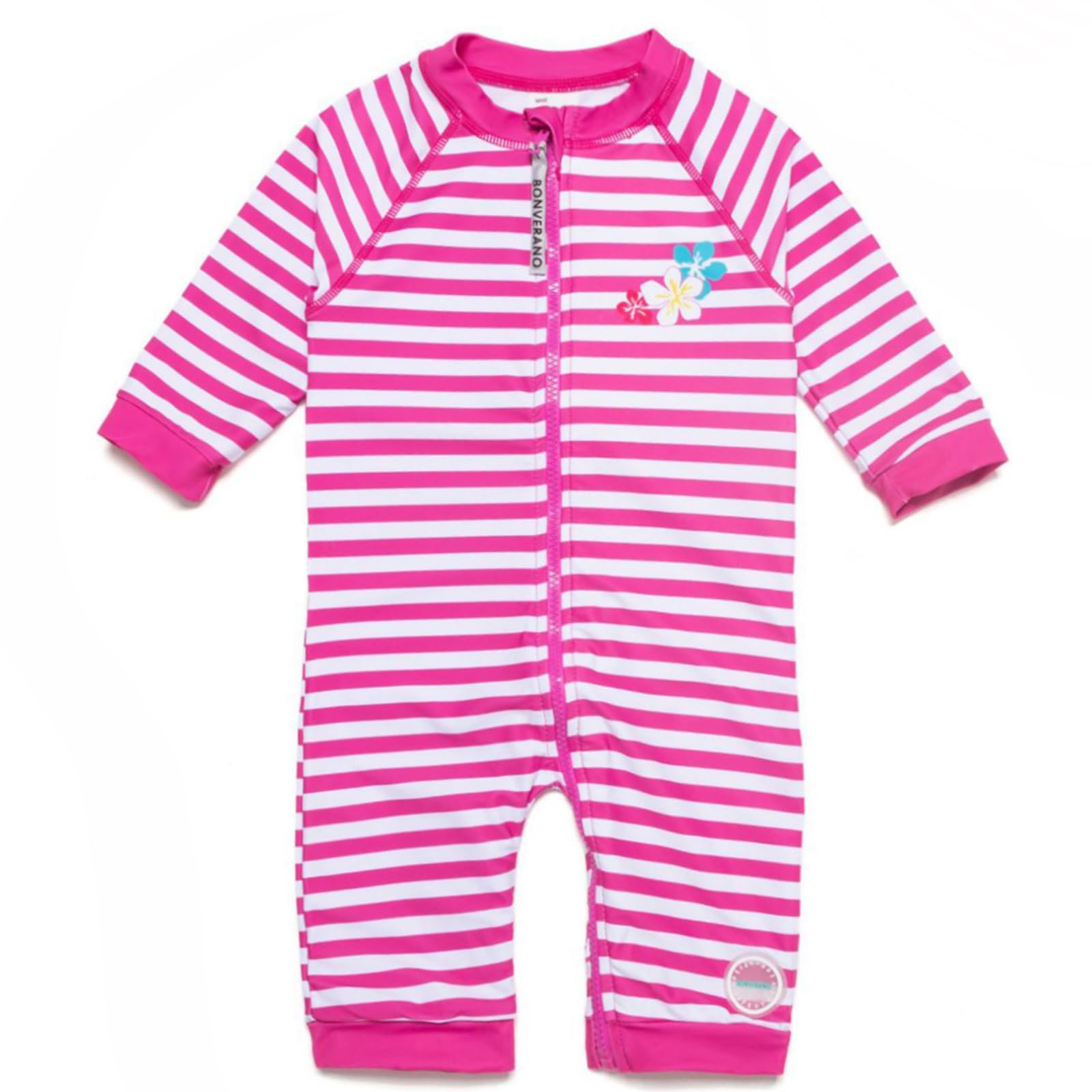 【送料無料】 ベビー 水着 ラッシュガード UPF50+ UVカット 女の子 ワンピース 等身ジッパー 色：ピンクストライプ、サイズ：18-24 Months