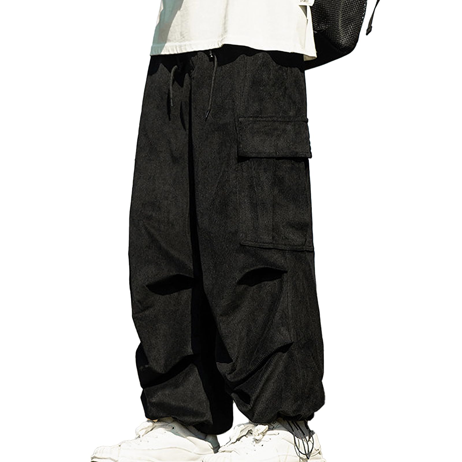 【送料無料】 ズボン コーデュロイパンツ カーゴパンツ ロングパンツ コールテン メンズ レディース 裏起毛 無地 調整紐 ウエストゴム カジュアル アウトドア 冬服 CK04R (JP, アルファベット, 2XL, 裏起毛-ブラック) 色：裏起毛-ブラック、サイズ：2XL