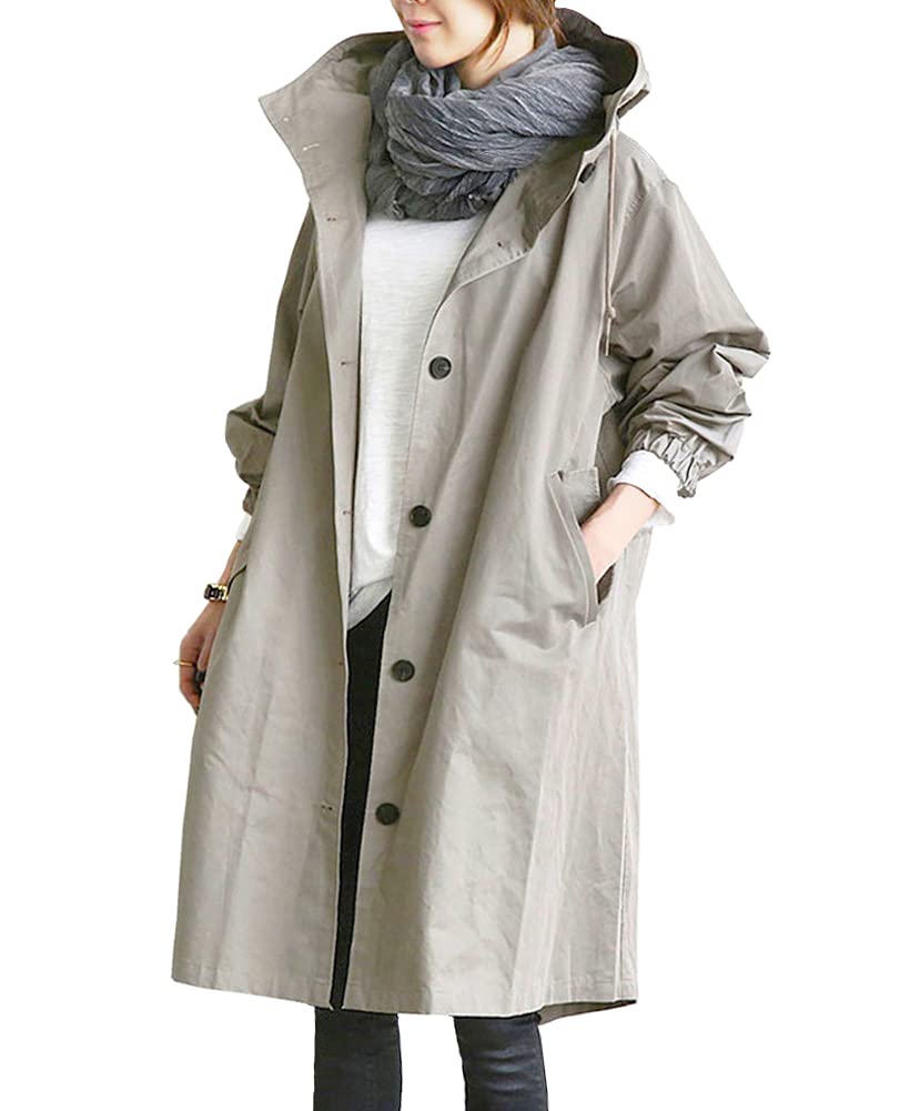 【送料無料】 トレンチコート レディース スプリングコート アウター コート 春服 カジュアル 通勤 ゆったり ロング丈 フード付き 色:グレー、サイズ:2XL